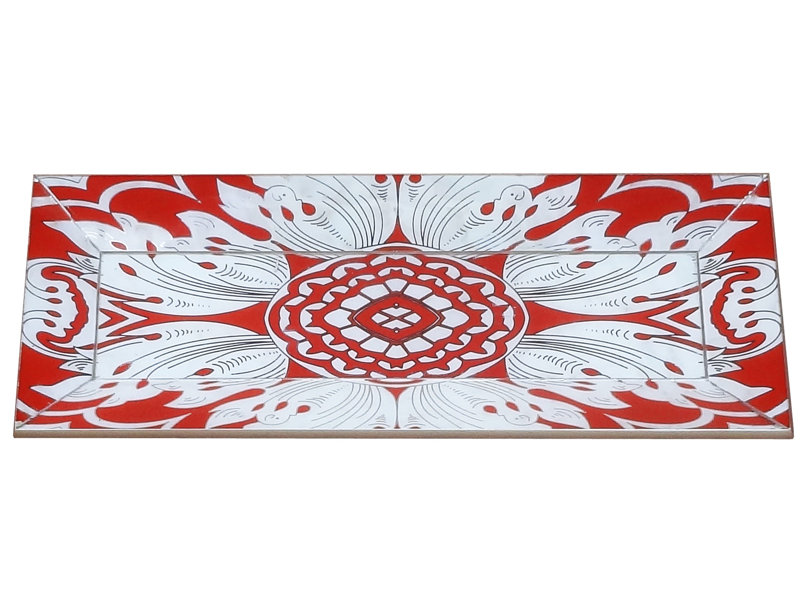 Handmade Reverse Painted Mirror Tray with Beveled Edge, 1.2" H x 5.9" W x 15.7" D, Red/Silver