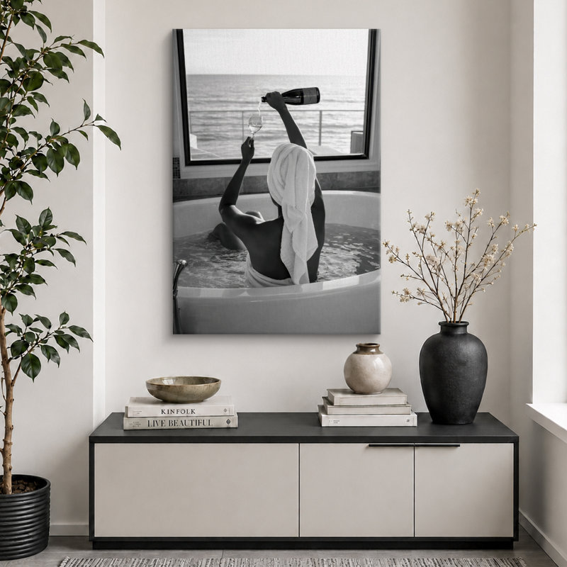«Black and White Tub Wine Ocean View», images de salle de bain, impression sur toile encadrée, impression numérique