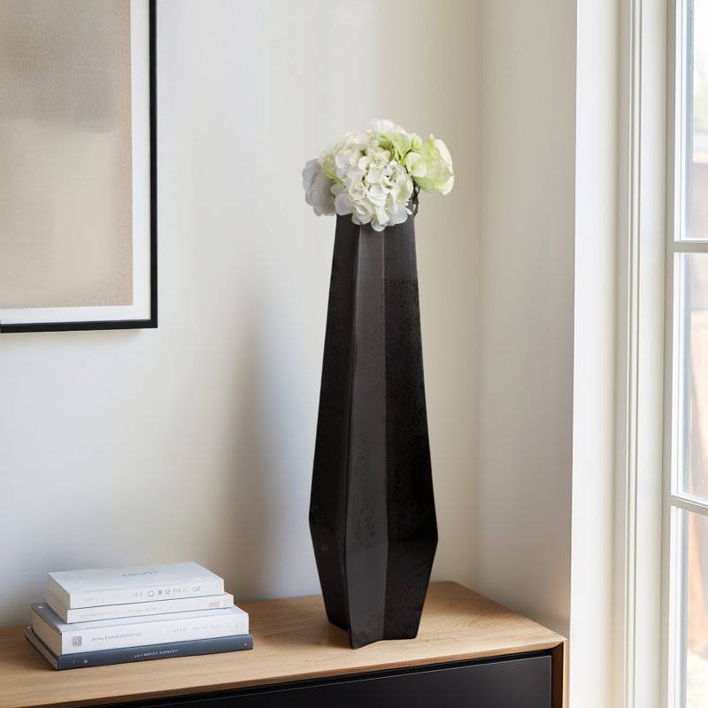 Geometric Faceted Ceramic Tall Table Vase for Home Tabletop Decor - Modern Flower Vase for Living Room, Shelf, or Entryway Styling - Black