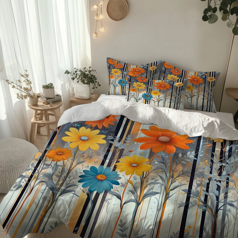 Microfiber Comforter Set, King Comforter + 2 King Shams, Blue/Orange Floral