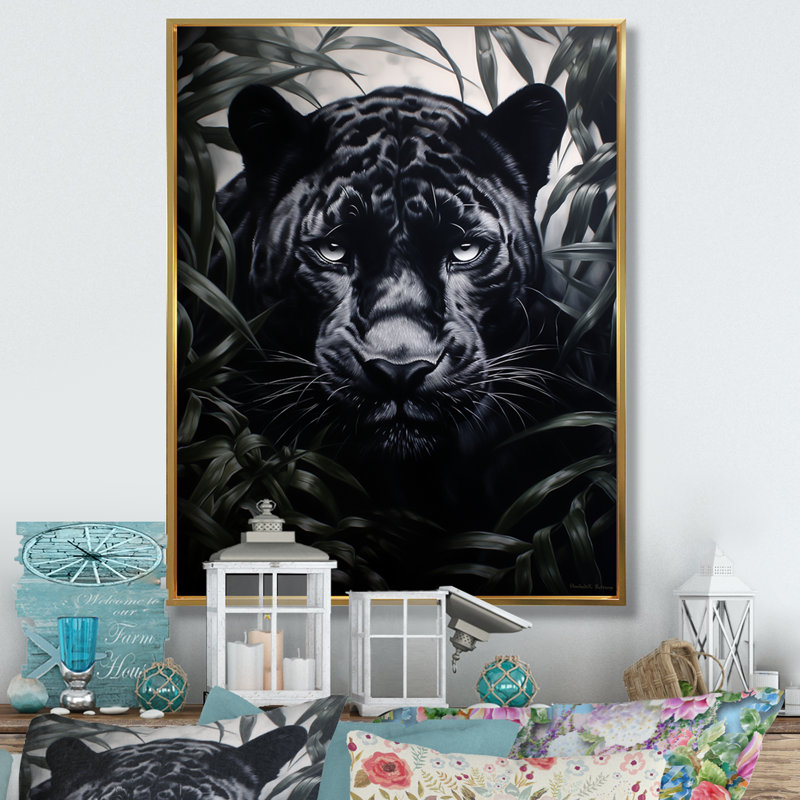 «Black White Panther», motifs contrastants sur toile, H 32 po x l 24 po x P 1 po, Cadre flottant doré