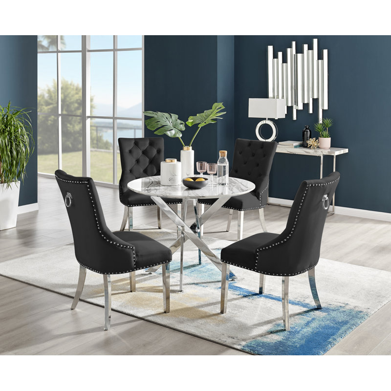 Tierra Modern Chrome Metal & Glass Round Dining Table Set with 4 Luxury Button Velvet Chairs, 75 x 120 x 120cm, Green