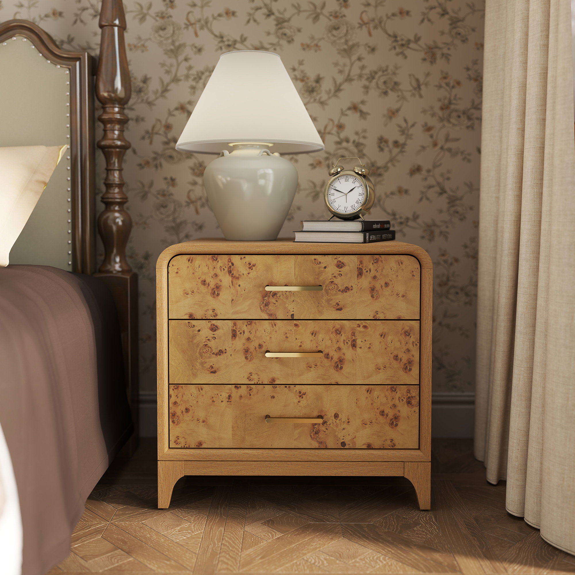 Adden Burl Wood 3-Drawer Nightstand, Oak