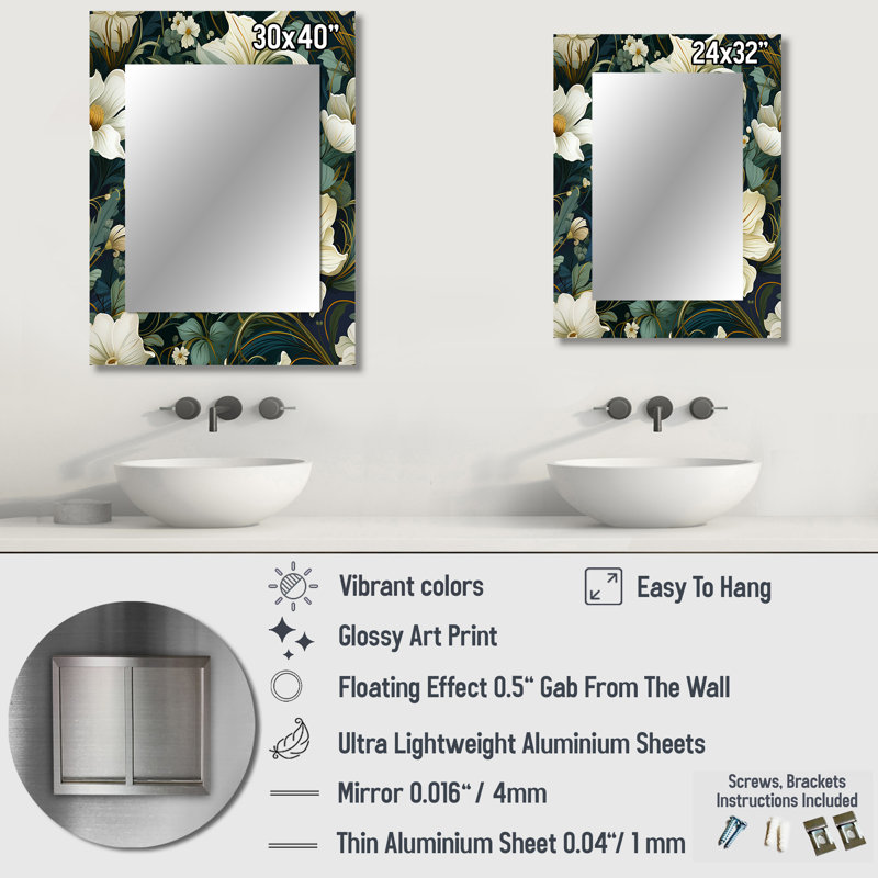 Gaber Green And Beige Wines Flowers - Floral Unique Wall Mirror Decor, Floral Large Mirror, Printed Metal Art, 32" x 24"