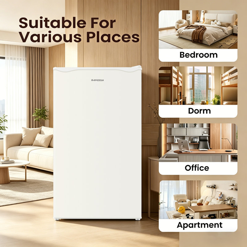 BANGSON 3.2 Cu.Ft Mini Fridge with Freezer, Low Noise Energy Efficient Compact Refrigerator for Dorm Room, Apartment, Office，Cream White