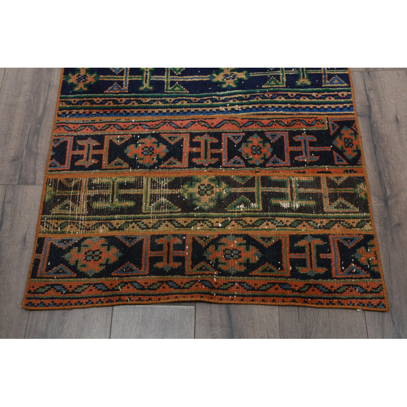 Tapis brun bohémien en patchwork de laine 32,7 x 85,4 pouces
