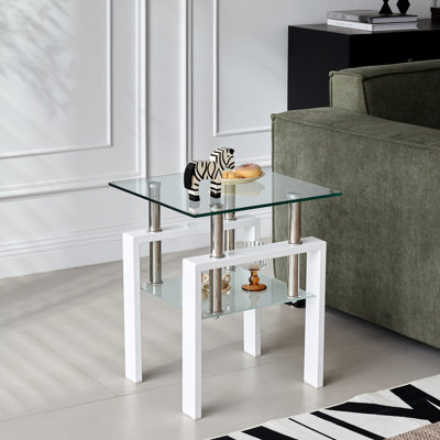 Table en verre trempé transparent 2 pour le salon, table de rangement moderne pour l'organisation, avec fonction