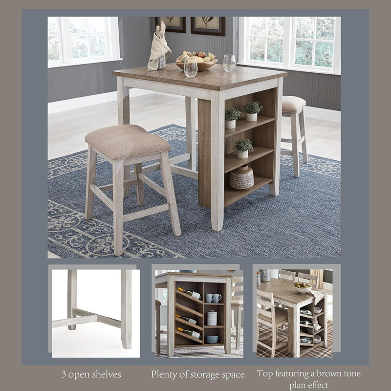 Ensemble de salle à manger à hauteur de comptoir 3 pièces Skempton, avec table et 2 tabourets de bar, sièges rembourrés, bois, blanc délavé