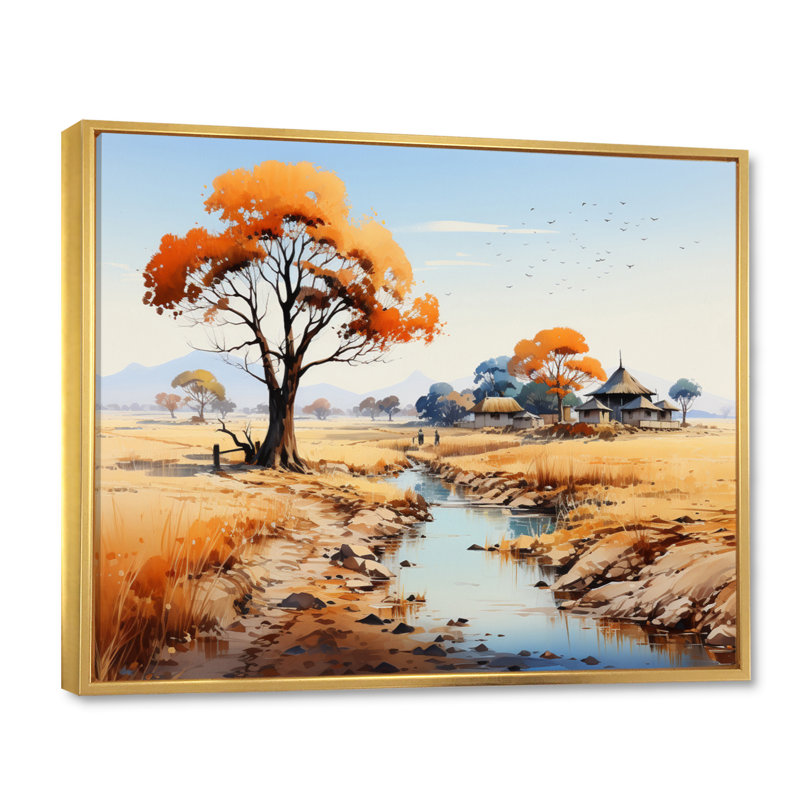 «Orange Orange Beige, Village africain, Visions I», reproduction sur toile, H 34 po x l 44 po x P 1,5 po, Cadre flottant doré