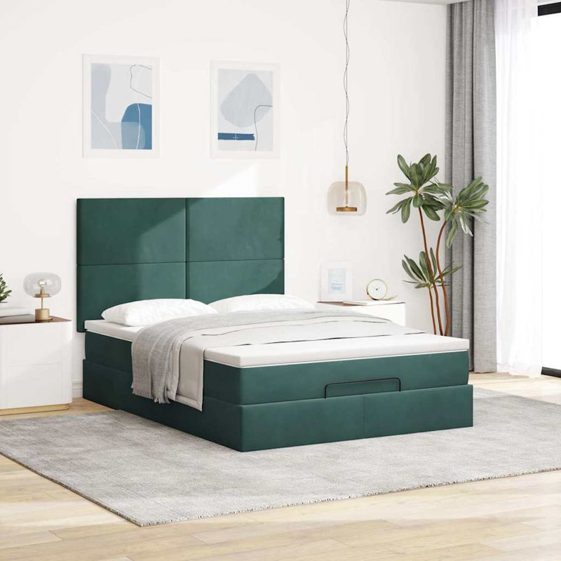 Ottoman Bed With Mattresses Velvet, European Double (140 x 200 cm), Dark Green