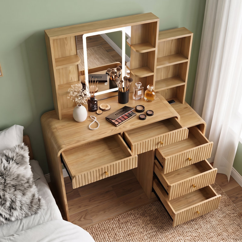 Grande coiffeuse cannelée espresso de 47,4 po avec miroir à DEL et bureau de maquillage à 5 tiroirs avec station de charge