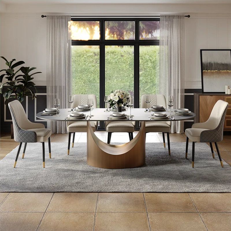 9 Pieces Dining Room Sets, Pre-Assembly Oval Dining Table Sets, Sintered Stone Tabletop Kitchen Dining Table Set With Upholstered Chairs