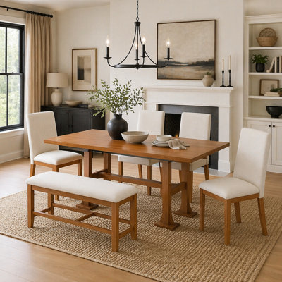Farmhouse 76inch 6-Piece Extendable Dining Table Set Trestle Kitchen Table Set with 18inch Removable Leaf and Upholstered Dining Chair and Bench for D