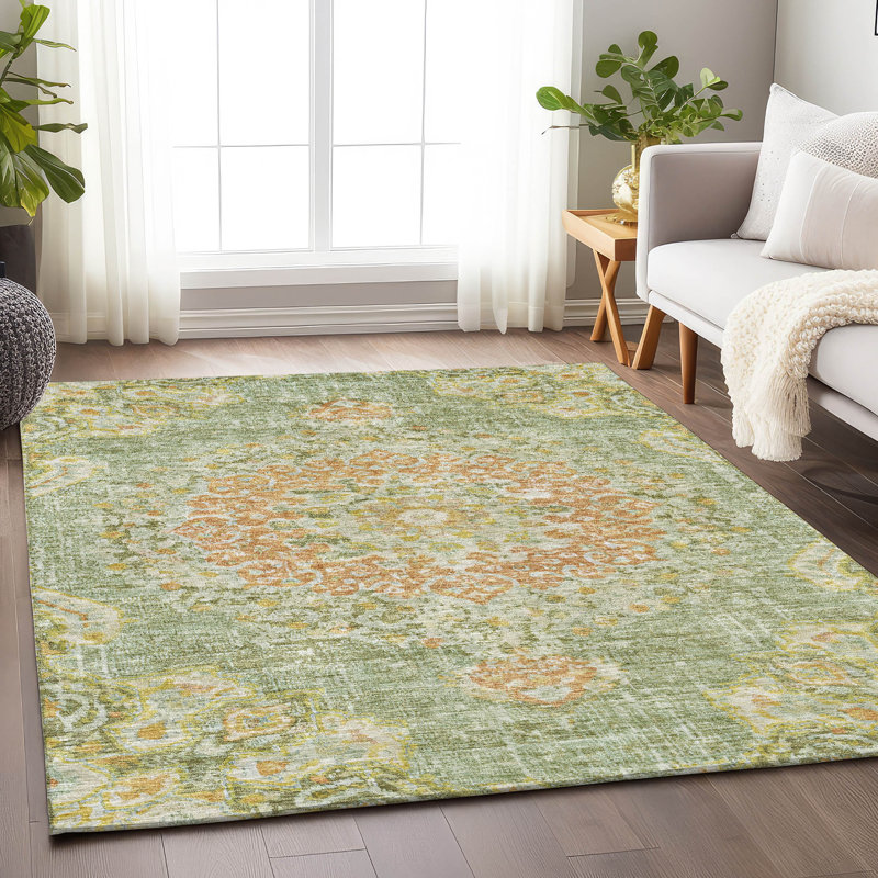 Machine Washable Indoor/Outdoor Claudian ACN1236 Aloe Rug, Rectangle 9' x 12'