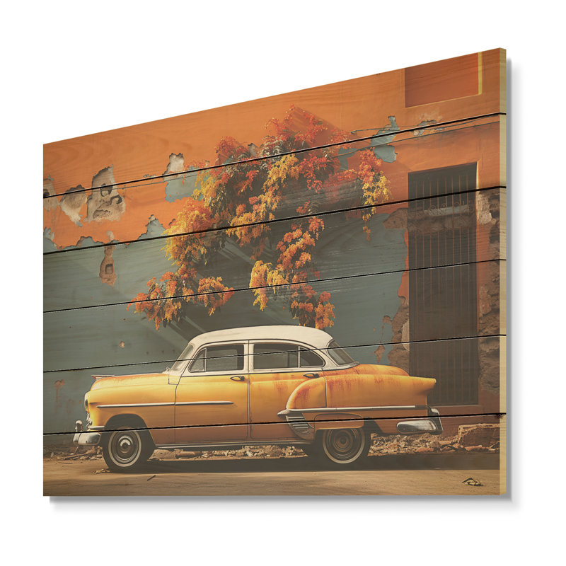 «Yellow Cuba Classic Yellow - Cuba Landscape», art mural sur bois de pin naturel, H 10 po x l 20 po