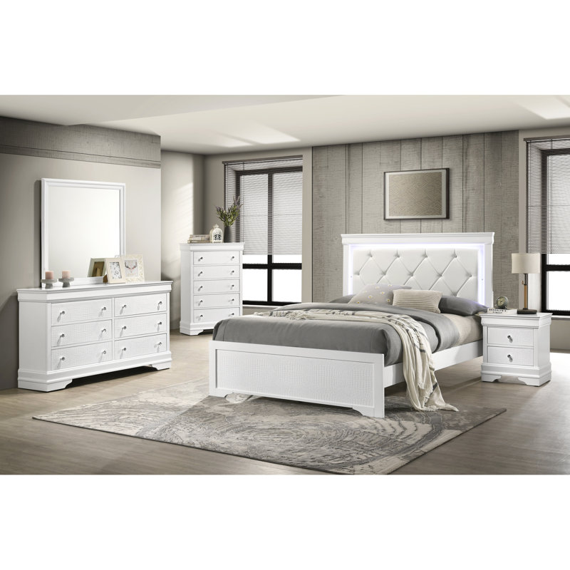 Lit simple avec tête de lit tapissier et DEL blanc pour chambre à coucher de style moderne