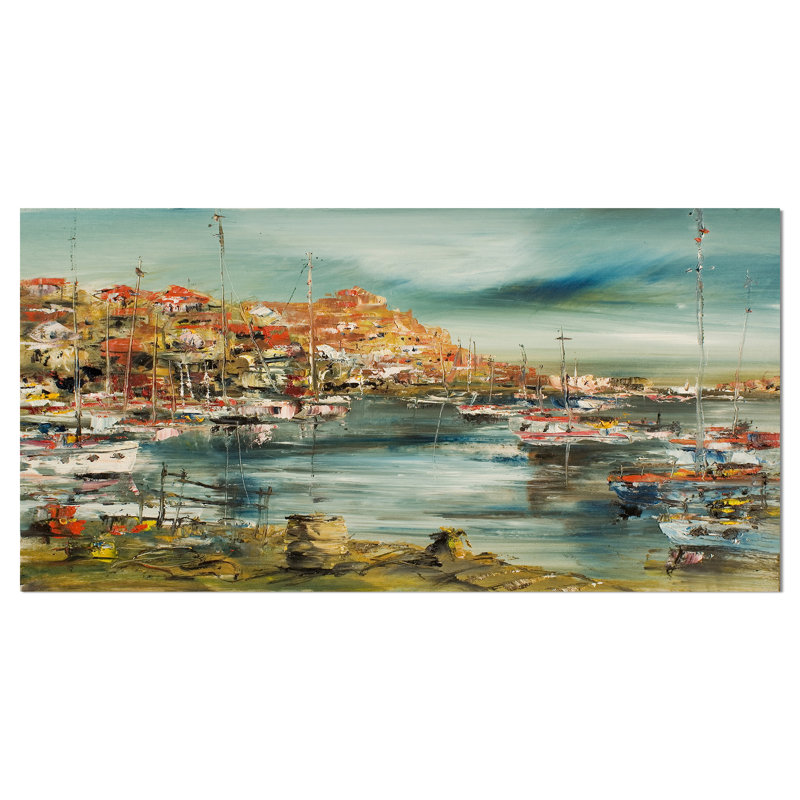 « port on the méditerranée sea », peinture, H 16 po x l 32 po x P 1 po, Toile tendue