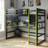 Twin-Size Bed Frame, Loft Bed With Storage, Desk And RGB Light Strip, Black + Green Wooden Bed-1245867661-1245867663