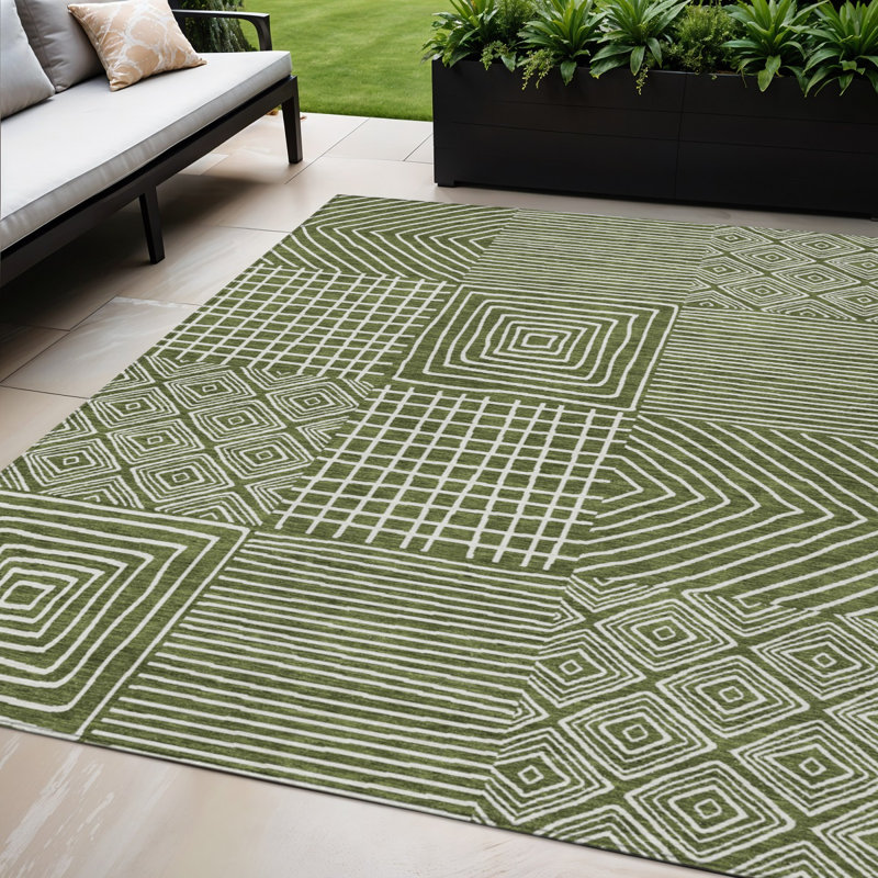 Tapis intérieur / extérieur géométrique lavable 5 pi x 8 pi vert olive