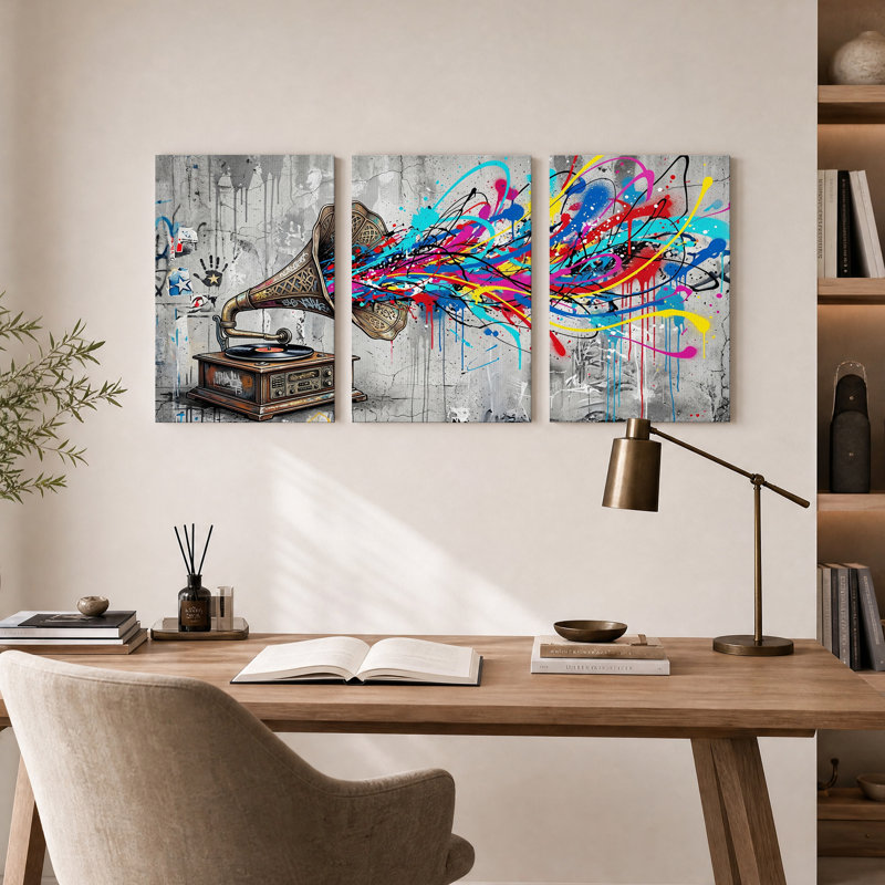 Ensemble de 3 toiles murales représentant un gramophone vintage avec des éclaboussures de peinture colorées