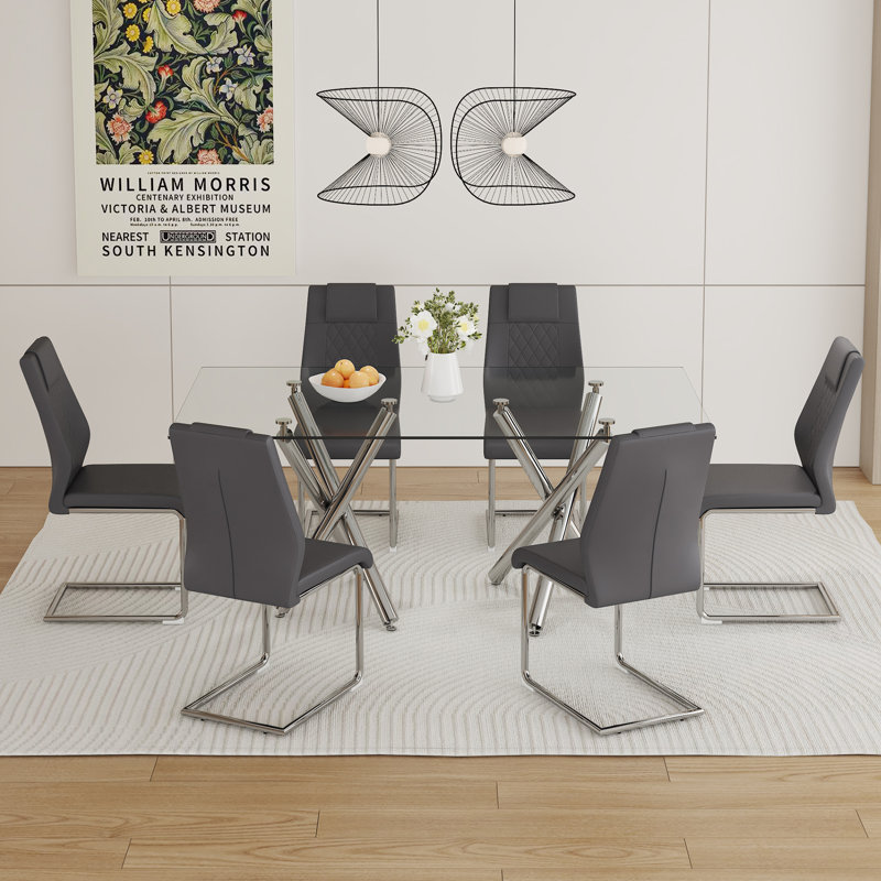 Ensemble de table et de chaises élégant | grande table à manger en verre pour 6 à 8 personnes | Plateau trempé de 0,39 po | pieds chromés argentés | jumelé à des sièges de siège en polyuréthane | design moderne