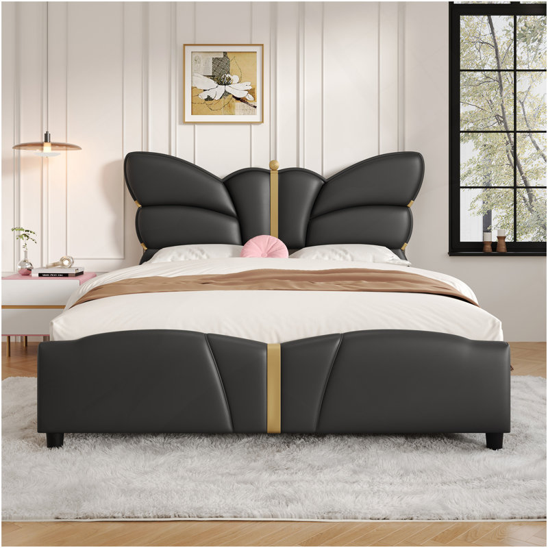 Structure de lit double rembourrée en cuir de polyuréthane, avec tête et pied de lit en forme de papillon, structure de lit plateforme avec décorations en métal, aucun sommier nécessaire, noir