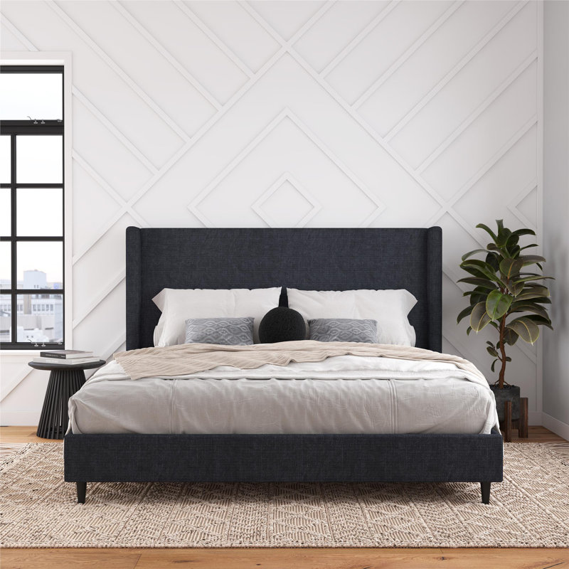 Ana King Upholstered Wingback Bed, Textured Dark Blue Canvas