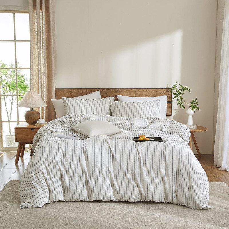 LIFETOWN Striped Duvet Cover Set 100% Washed Cotton Linen Like Bedding Set, Full Duvet Cover + 2 Pillowcases, White/Black