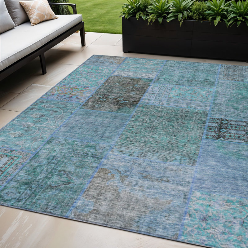 5' X 8' Teal Blue Aqua And Grey Patchwork Washable Indoor Outdoor Area Rug