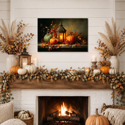 Art mural d'automne, art mural en toile citrouille avec lanterne, art mural d'automne pour la décoration du salon, toile tendue tendue sur toile tendue à la main, œuvre de l'Action de grâce rustique pour des espaces confortables, 12 x 16 po