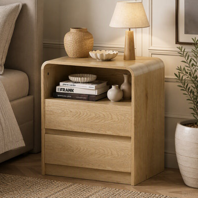 Table de chevet moderne avec station de charge, table de chevet haute en bois de 25 po avec 2 tiroirs et ports USB, table de bout de style Mid-Century pour la chambre à coucher (1, nature lisse, 2 tiroirs)