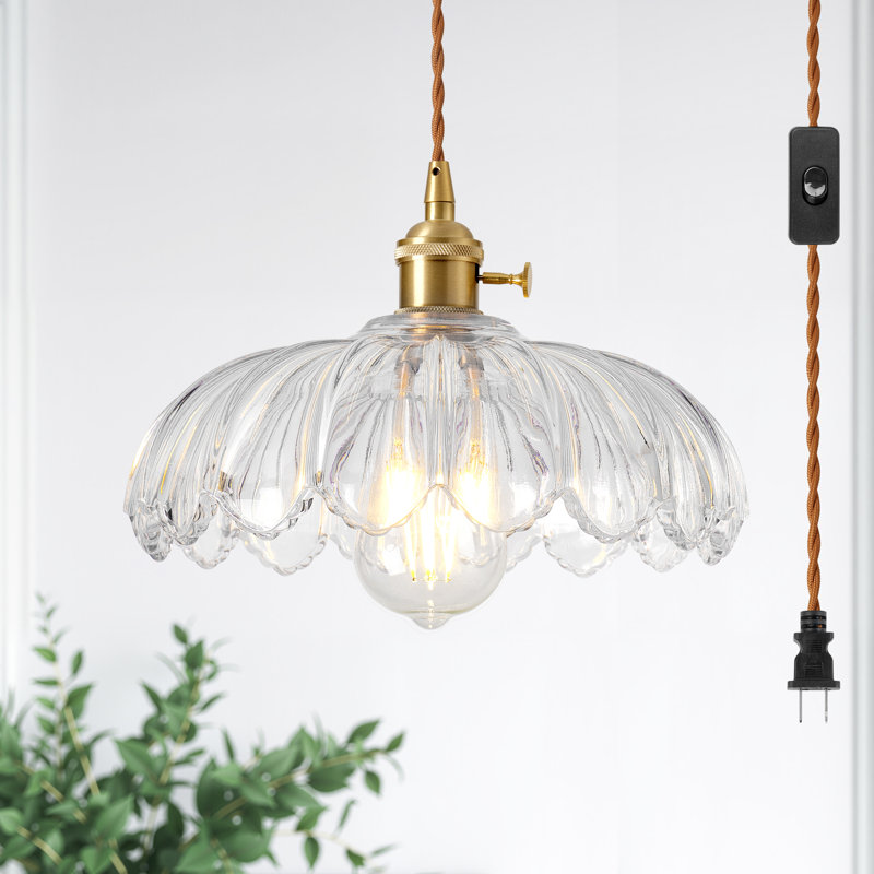 Plug-in Pendant Light with Petal Glass Shade, Vintage Hanging Light with Cord, Clear