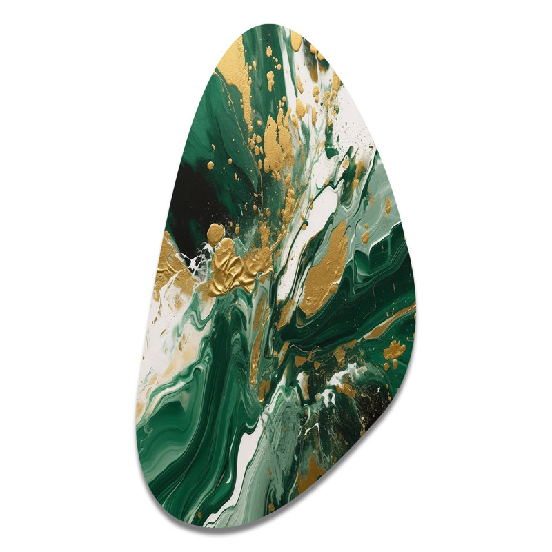 «Green and Gold Liquide I» - Décoration murale abstraite de forme irrégulière en métal, reproduction d'art asymétrique moderne