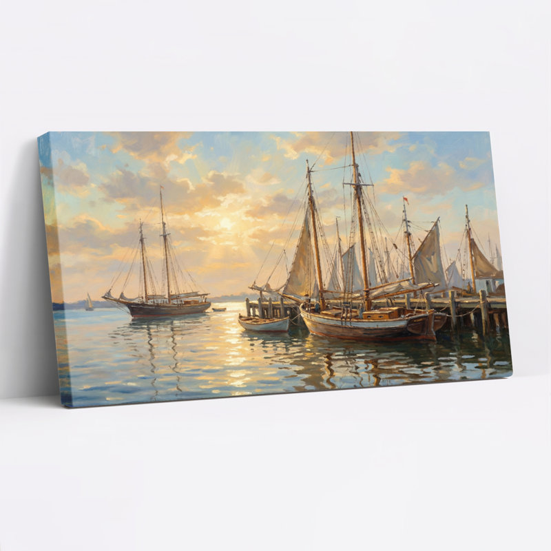 Voiliers au coucher du soleil dans le port, tableau sur toile tendue, H 16 po x l 32 po