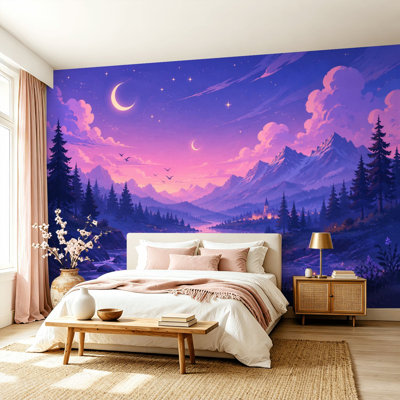 Papier peint adhésif pelez et collez, paysage de crépuscule magique, rivière, montagnes, croissant de lune, art mural auto-adhésif et amovible