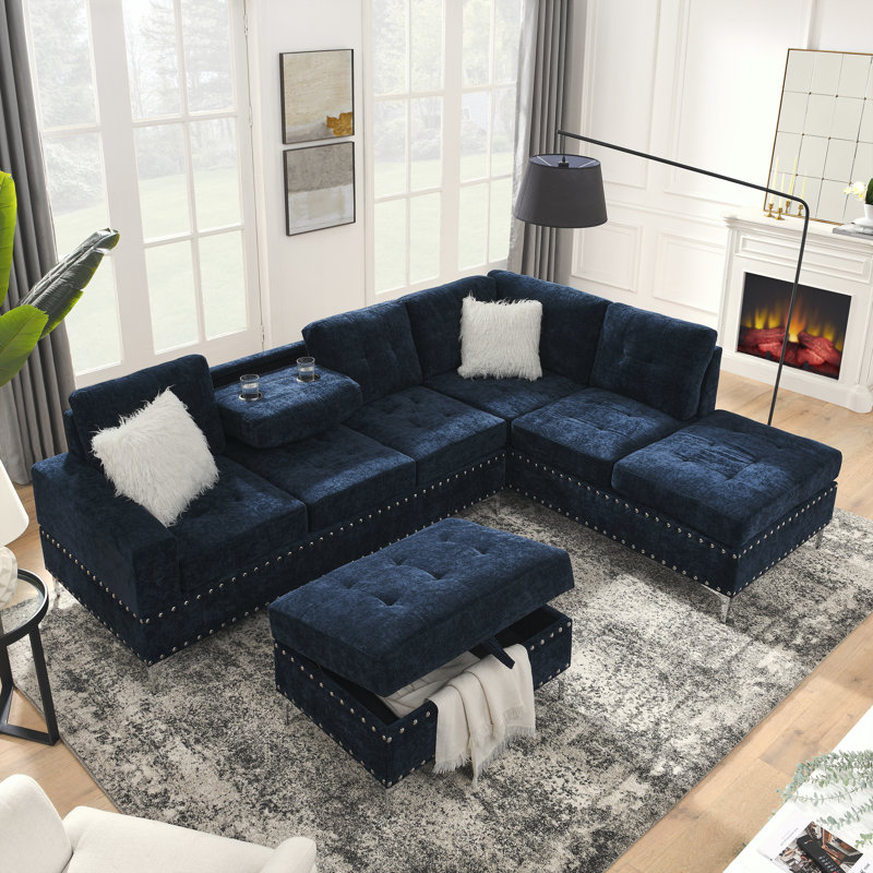 Canapé modulaire 3 pièces Ilish, Chenille bleu foncé