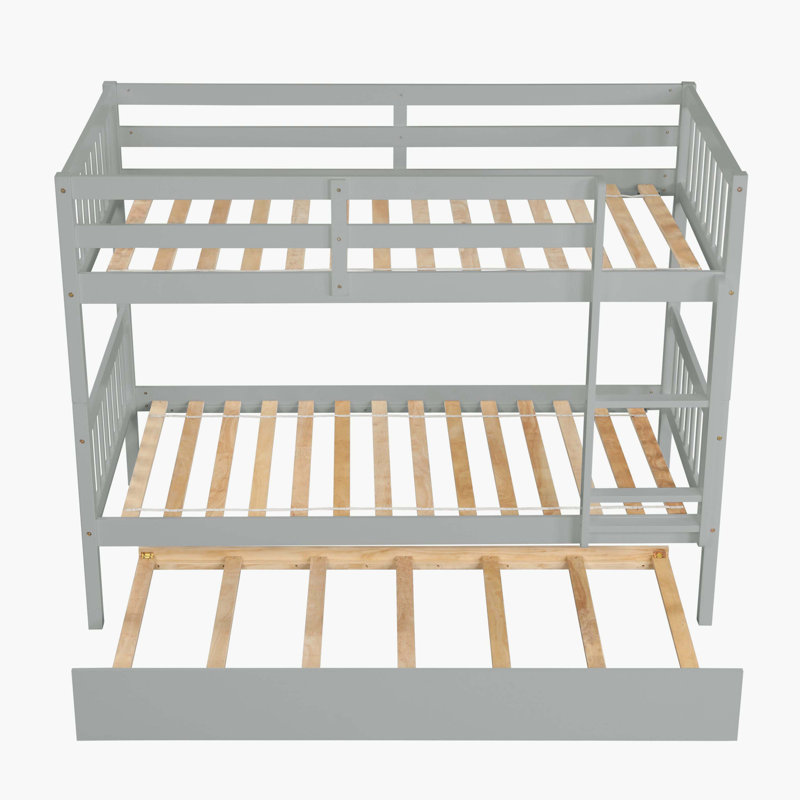 Grey Rubber Wood Watsons-Over-Watsons Bunk Bed With Trundle – Convertible To Two Watsons Beds, Including Ladder And Safety Guardrails