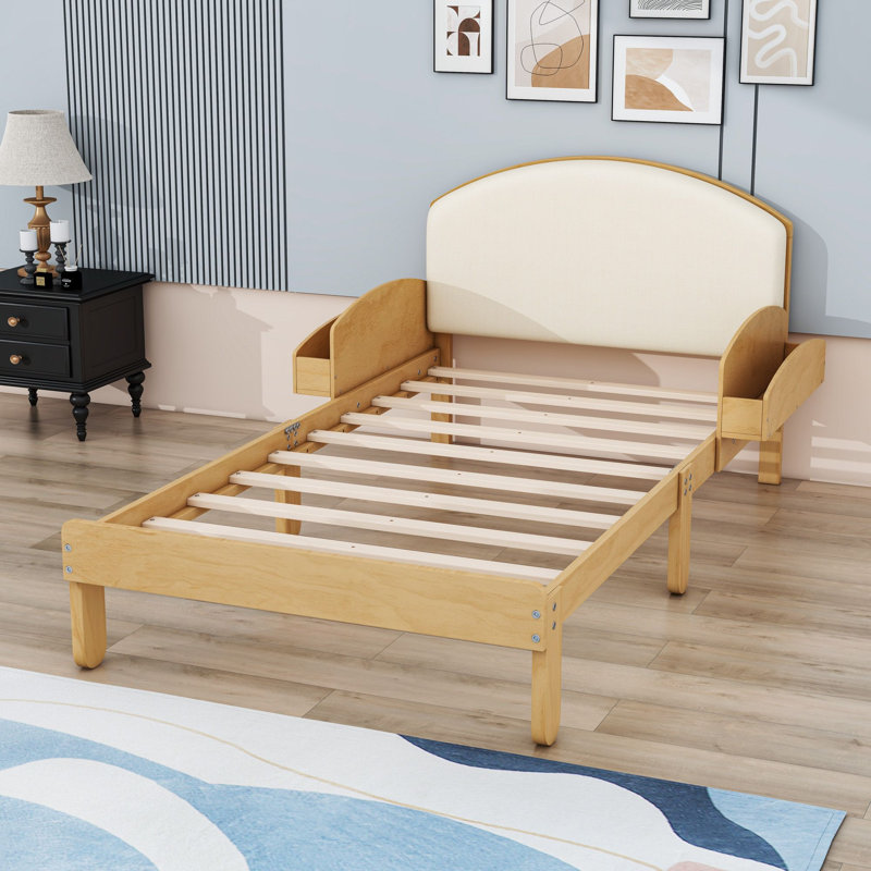 Lit plateforme tapissier avec tête de lit et tablettes latérales, Lit simple, Naturel