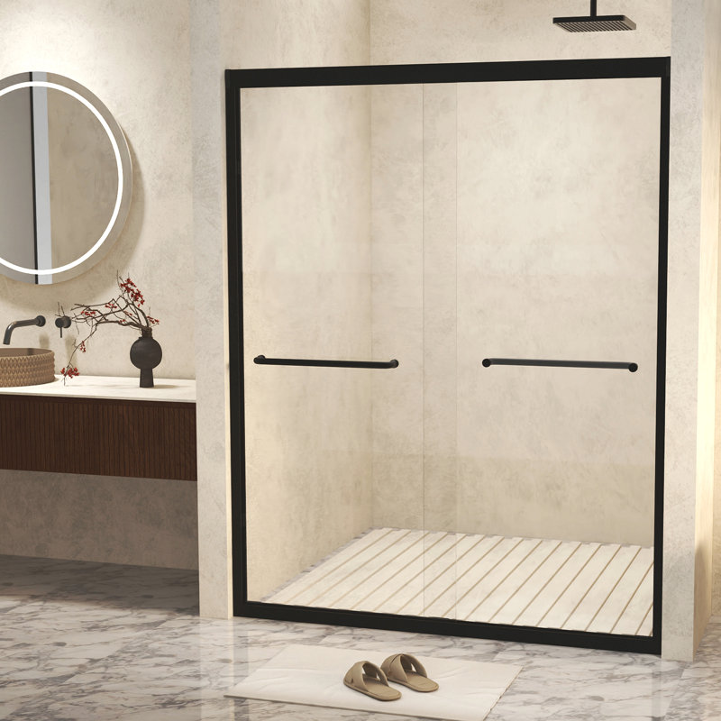 Tempered Glass With Explosion Proof Film, Aluminum Frame Double Sliding Shower Door, "1/4 (6 Mm), Stainless Steel Handle