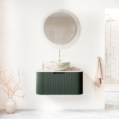 Meuble-lavabo mural simple 24 po x l 18 po x H 34 po à grain de bois naturel avec vasque en céramique blanc mat et plateau en pierre frittée blanc de Carrare
