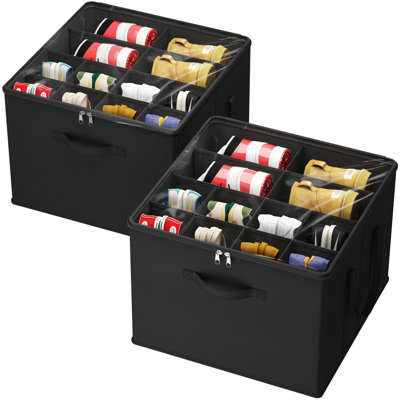 Large Shoe Box Organizer With Clear Lid And Reinforced Handles, Foldable, 2-Pack, Black