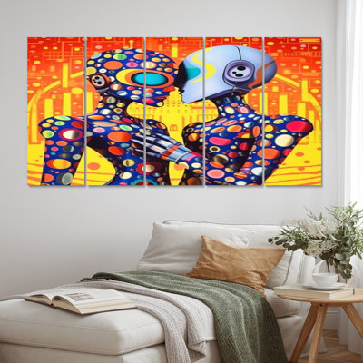«Retro Robot Couple In Love VI», reproduction sur toile - 5 panneaux égaux