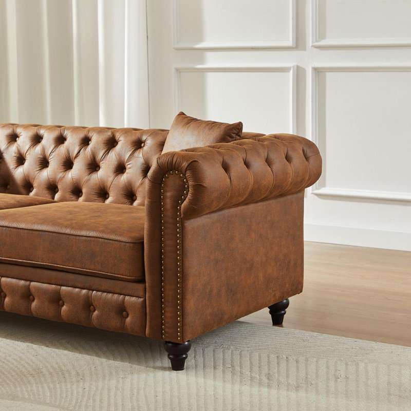 Living Room Chesterfield Sofa with Rolled Arms, Brown