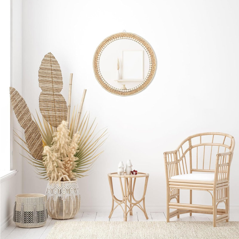 18 Inch Boho Round Hanging Wall Mirror,Wood