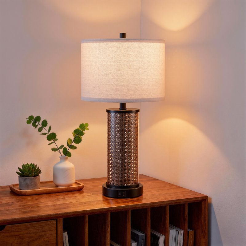 23.5’’ Clear Glass Rattan Bedside Table Lamp Set