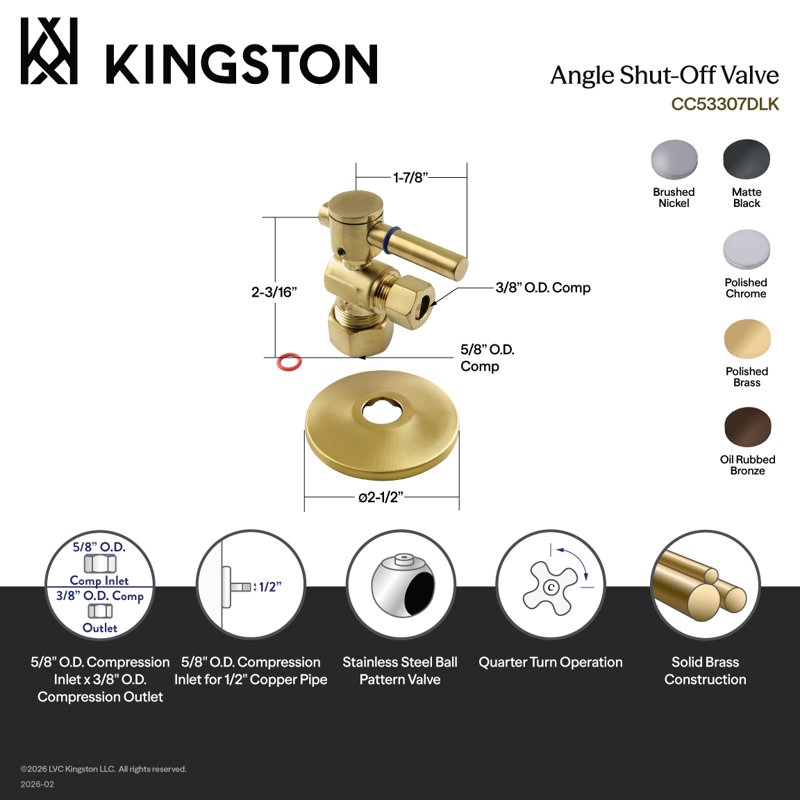 Kingston Brass 5/8-Inch OD Comp x 3/8-Inch OD Comp Quarter-Turn Angle Stop Valve with Flange, Matte Black