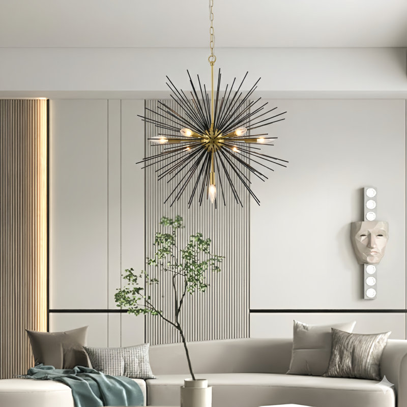 Lustre moderne sphérique Spoutnik à 7 lumières avec accents en fer forgé Everitt pour le salon ou la salle à manger Everitt