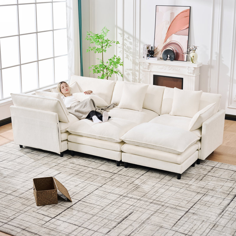 140.9-Inch U-Shaped Modular Sectional Sofa With 2 Movable Ottomans, Beige Chenille