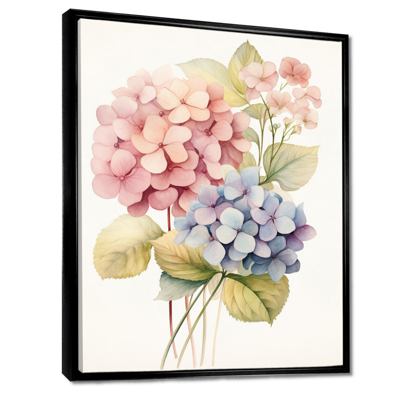 Rétro fleur d'hortensia rose et mauve - art mural hortensia, Cadre flottant noir, bois massif, H 20 po x l 12 po