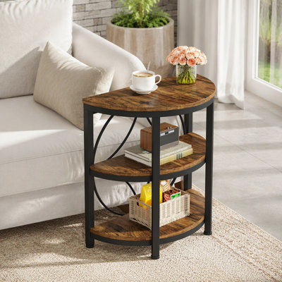 Table de bout industrielle demi-lune 23,62 po à 3 niveaux - Table d'appoint en bois brun rustique et métal noir avec tablettes de rangement - Table d'appoint demi-cercle peu encombrante pour le salon, la chambre à coucher et le vestibule